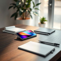 A high-quality mockup showcasing a modern smartphone on a sleek desk