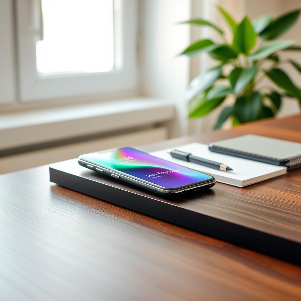 A high-quality mockup showcasing a modern smartphone on a sleek desk