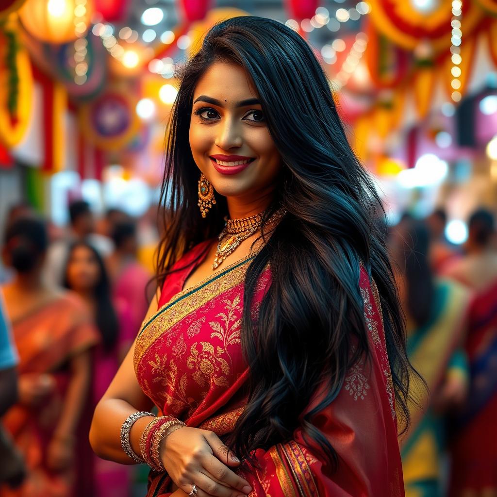 A stunning Indian woman with long, flowing black hair and striking features, wearing a beautifully embroidered saree that hugs her curves elegantly