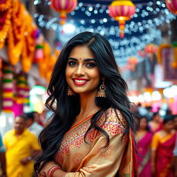 A stunning Indian woman with long, flowing black hair and striking features, wearing a beautifully embroidered saree that hugs her curves elegantly