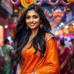 A stunning Indian woman with long, flowing black hair and striking features, wearing a beautifully embroidered saree that hugs her curves elegantly