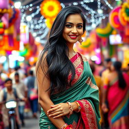 A stunning Indian woman with long, flowing black hair and striking features, wearing a beautifully embroidered saree that hugs her curves elegantly