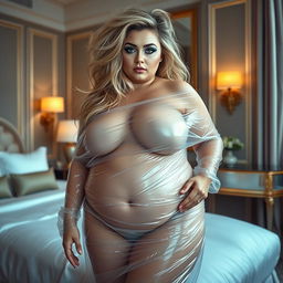 Full length, head to toe photograph of a beautiful plump woman with very thick, long, messy dirty blond hair and captivating crystal blue eyes