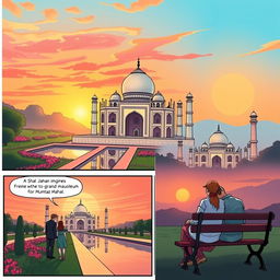 A vibrant comic strip telling the story of the Taj Mahal, illustrating its stunning architecture and romantic backstory