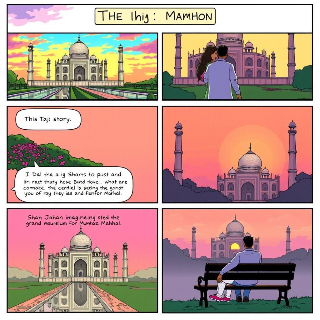 A vibrant comic strip telling the story of the Taj Mahal, illustrating its stunning architecture and romantic backstory