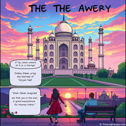 A vibrant comic strip telling the story of the Taj Mahal, illustrating its stunning architecture and romantic backstory