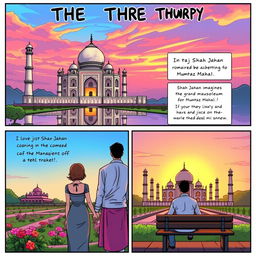 A vibrant comic strip telling the story of the Taj Mahal, illustrating its stunning architecture and romantic backstory