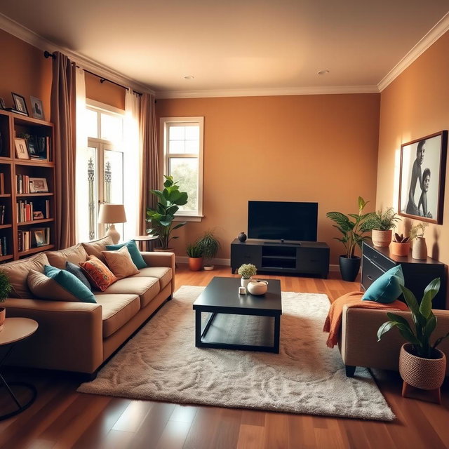 A cozy family living room featuring a comfortable sectional sofa with colorful throw pillows, a large coffee table in the center, and a soft area rug