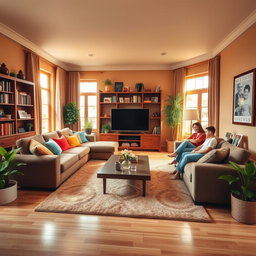 A cozy family living room featuring a comfortable sectional sofa with colorful throw pillows, a large coffee table in the center, and a soft area rug