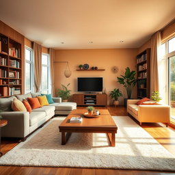 A cozy family living room featuring a comfortable sectional sofa with colorful throw pillows, a large coffee table in the center, and a soft area rug