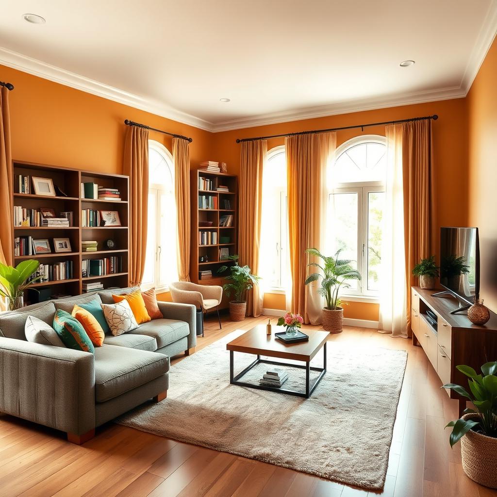 A cozy family living room featuring a comfortable sectional sofa with colorful throw pillows, a large coffee table in the center, and a soft area rug