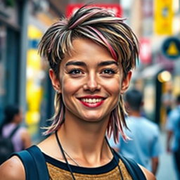 A stylish person with a modern mullet haircut, showcasing the distinctive short front and long back style