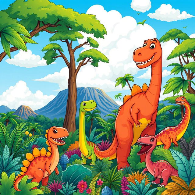 A vibrant cartoon-style background featuring a lush, prehistoric landscape filled with colorful cartoon dinosaurs of various species, including a friendly T-Rex, a gentle Brachiosaurus reaching for leaves, and playful Velociraptors