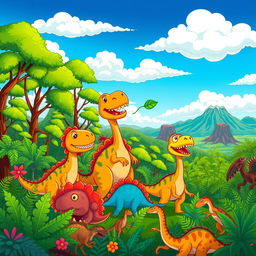 A vibrant cartoon-style background featuring a lush, prehistoric landscape filled with colorful cartoon dinosaurs of various species, including a friendly T-Rex, a gentle Brachiosaurus reaching for leaves, and playful Velociraptors