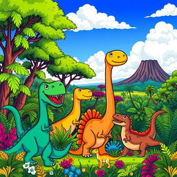 A vibrant cartoon-style background featuring a lush, prehistoric landscape filled with colorful cartoon dinosaurs of various species, including a friendly T-Rex, a gentle Brachiosaurus reaching for leaves, and playful Velociraptors