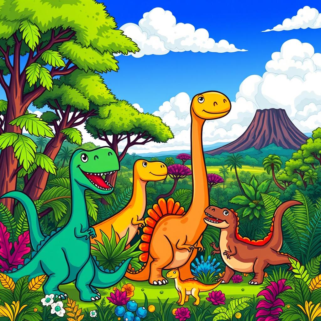 A vibrant cartoon-style background featuring a lush, prehistoric landscape filled with colorful cartoon dinosaurs of various species, including a friendly T-Rex, a gentle Brachiosaurus reaching for leaves, and playful Velociraptors