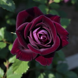 A stunning dark mauve rose in full bloom, showcasing its delicate petals with velvety textures, surrounded by lush green leaves that enhance its beauty