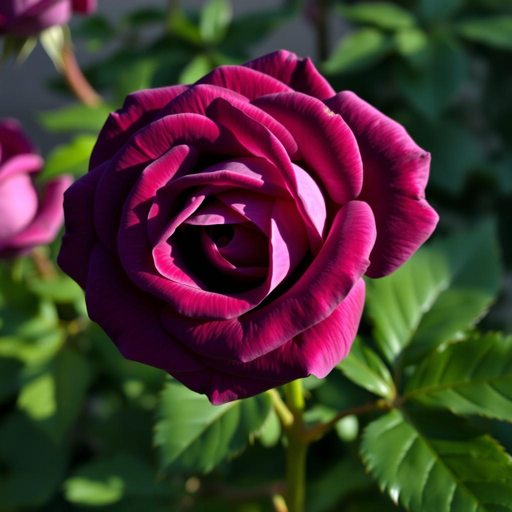 A stunning dark mauve rose in full bloom, showcasing its delicate petals with velvety textures, surrounded by lush green leaves that enhance its beauty