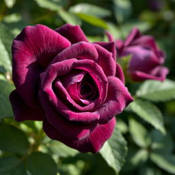 A stunning dark mauve rose in full bloom, showcasing its delicate petals with velvety textures, surrounded by lush green leaves that enhance its beauty