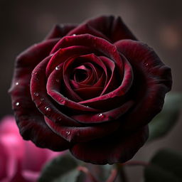 A beautiful dark brown rose, showcasing its lush petals and delicate texture, with dew drops glistening on the surface