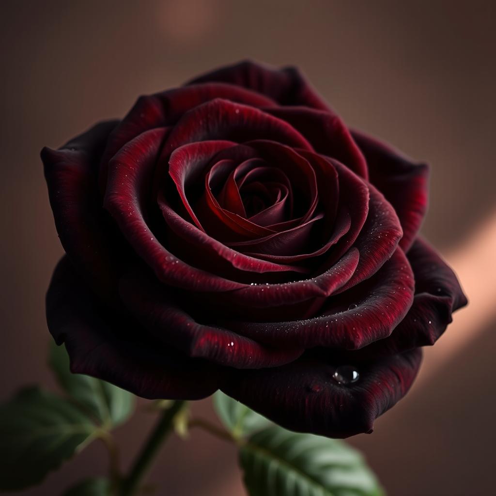 A beautiful dark brown rose, showcasing its lush petals and delicate texture, with dew drops glistening on the surface
