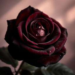 A beautiful dark brown rose, showcasing its lush petals and delicate texture, with dew drops glistening on the surface