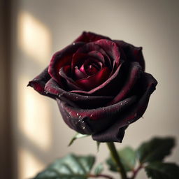 A beautiful dark brown rose, showcasing its lush petals and delicate texture, with dew drops glistening on the surface
