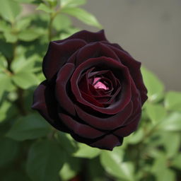 A stunning dark brown rose in full bloom, showcasing its velvety petals with intricate textures