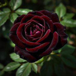 A stunning dark brown rose in full bloom, showcasing its velvety petals with intricate textures