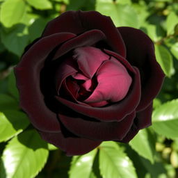 A stunning dark brown rose in full bloom, showcasing its velvety petals with intricate textures