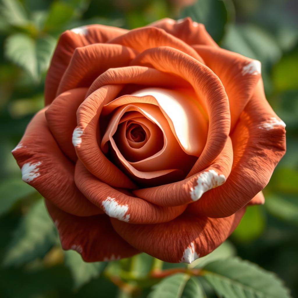 A beautiful brown rose with white highlights, showcasing the velvety texture of the petals