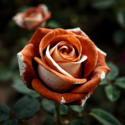 A beautiful brown rose with white highlights, showcasing the velvety texture of the petals