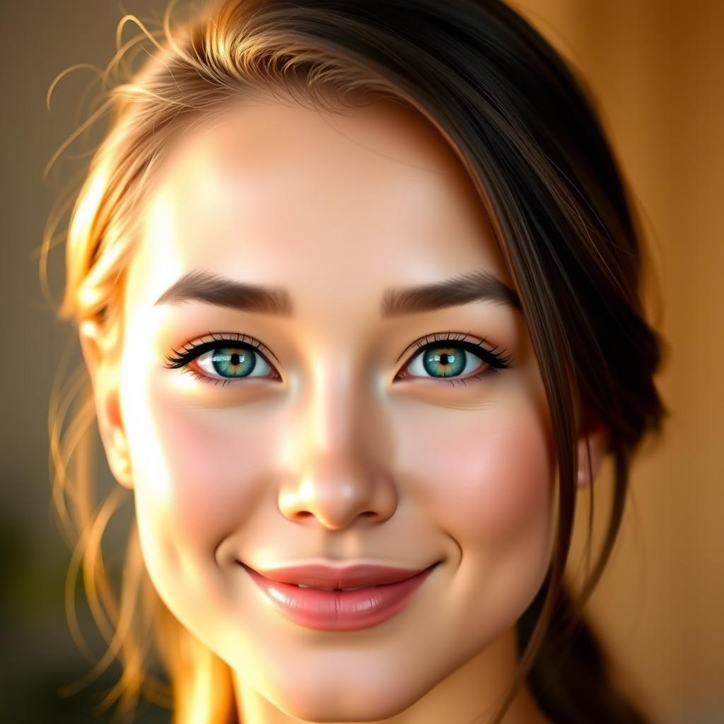 A digitally refined portrait of a person with a perfectly arranged and symmetrical face, showcasing flawless skin and well-defined features