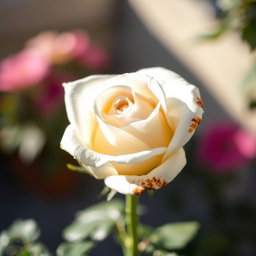A beautiful white rose with dark brown hints, showcasing its delicate petals and intricate details