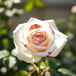 A beautiful white rose with dark brown hints, showcasing its delicate petals and intricate details