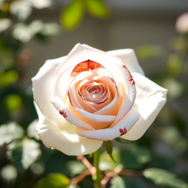 A beautiful white rose with dark brown hints, showcasing its delicate petals and intricate details