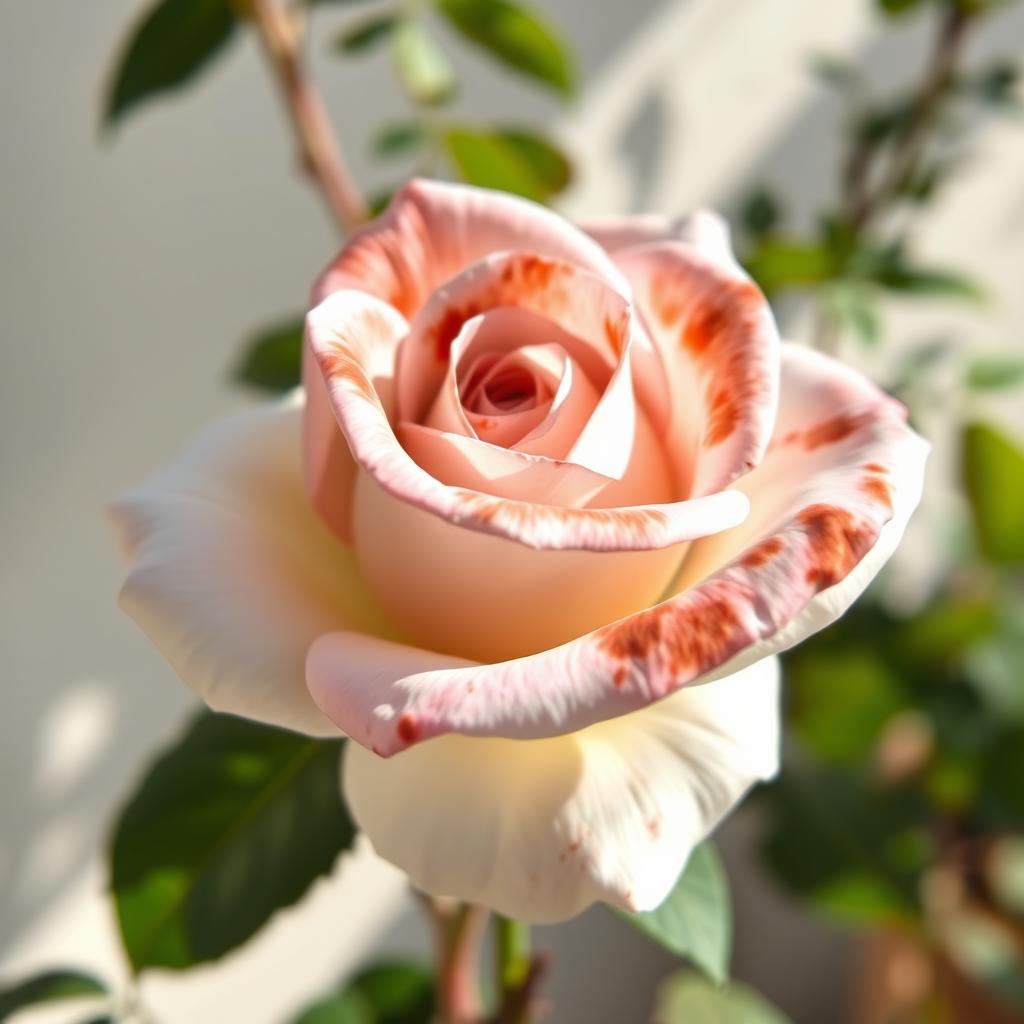 A beautiful white rose with dark brown hints, showcasing its delicate petals and intricate details