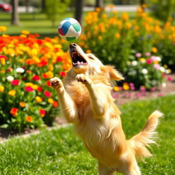 A joyful dog leaping in the air to catch a colorful ball, set in a sunny park with green grass and vibrant flowers in the background