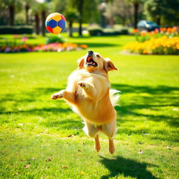 A joyful dog leaping in the air to catch a colorful ball, set in a sunny park with green grass and vibrant flowers in the background