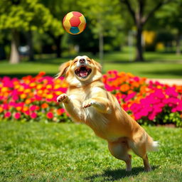 A joyful dog leaping in the air to catch a colorful ball, set in a sunny park with green grass and vibrant flowers in the background