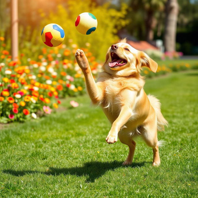 A joyful dog leaping in the air to catch a colorful ball, set in a sunny park with green grass and vibrant flowers in the background