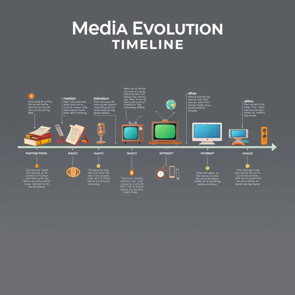 A visually engaging media evolution timeline poster that illustrates the progression of media technology over the decades
