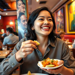 A person enjoying a meal at a bustling restaurant, surrounded by vibrant decor