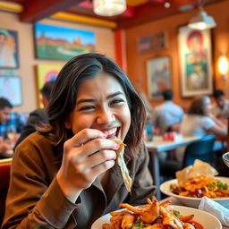 A person enjoying a meal at a bustling restaurant, surrounded by vibrant decor