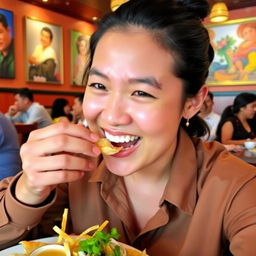 A person enjoying a meal at a bustling restaurant, surrounded by vibrant decor