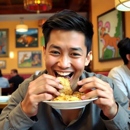 A person enjoying a meal at a bustling restaurant, surrounded by vibrant decor