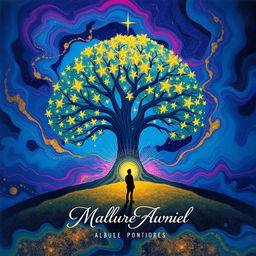 An album cover featuring a vibrant, abstract design with swirling colors of blue, purple, and gold