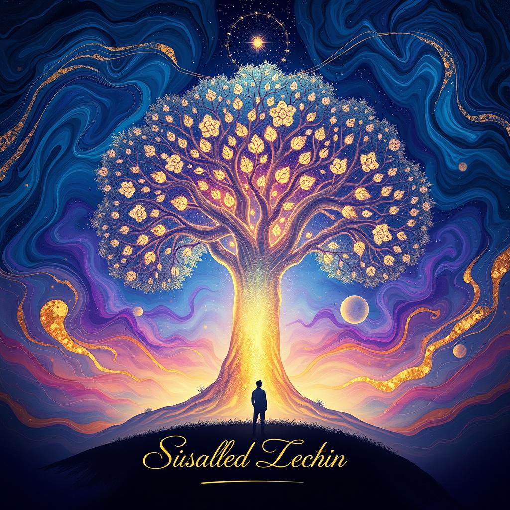 An album cover featuring a vibrant, abstract design with swirling colors of blue, purple, and gold