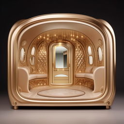 A luxurious 20x8 vanity container designed for a celebrity, showcasing curved interior structures with posh and elegant embellishments.