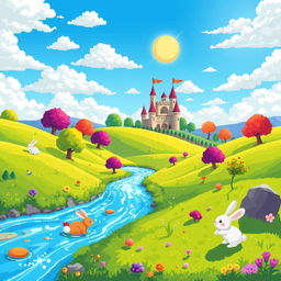 A vibrant and colorful pixel art scene featuring a whimsical fantasy landscape with rolling hills, a bright blue sky filled with fluffy clouds, a sparkling river flowing through the foreground, and cute, pixelated animals such as rabbits and birds
